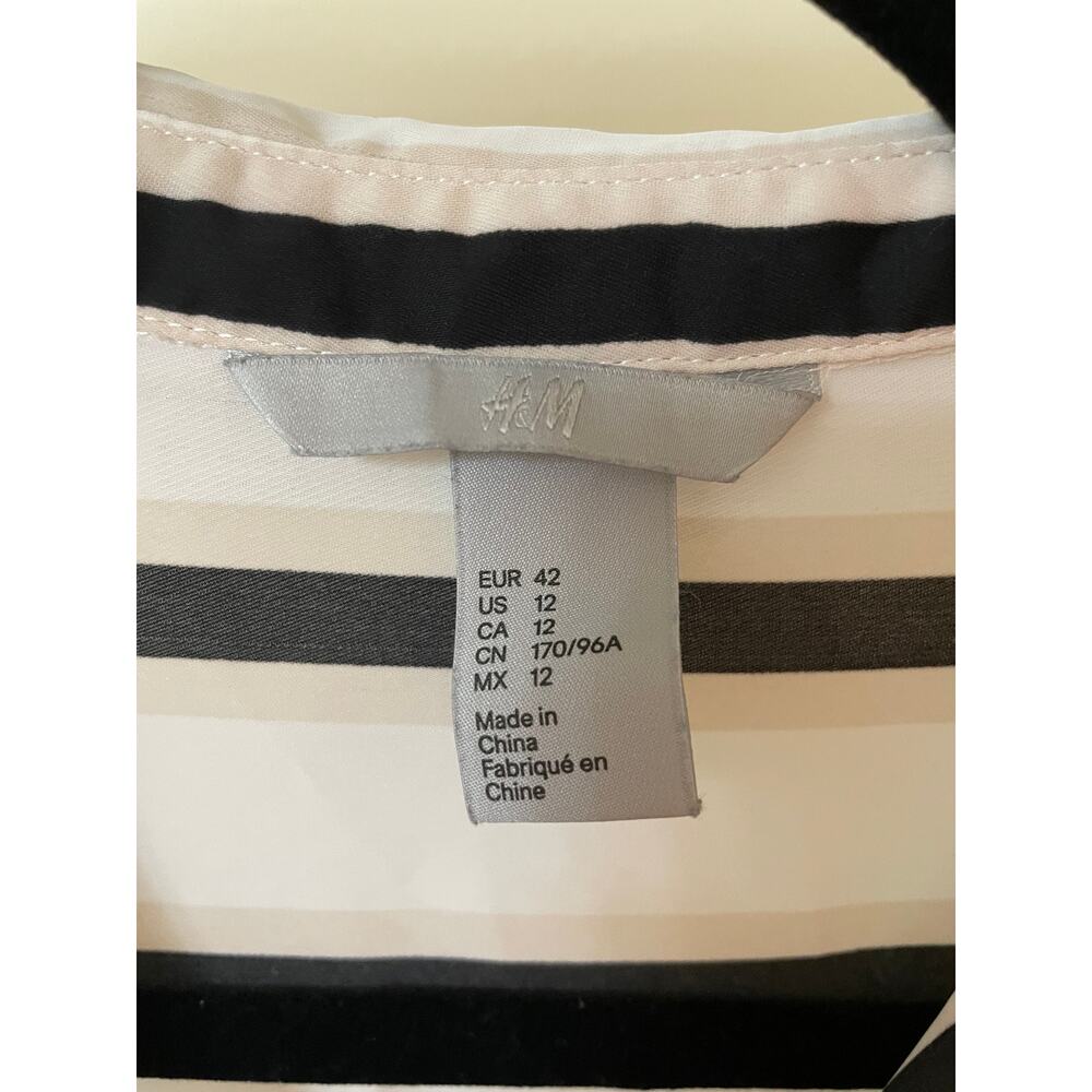 H&M Womens Blouse Size 12 Button Up Long Sleeve Stripe Collar White Black Beige - Picture 3 of 8